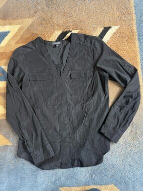 Express Black V-Neck Long-Sleeve Button Tab Blouse